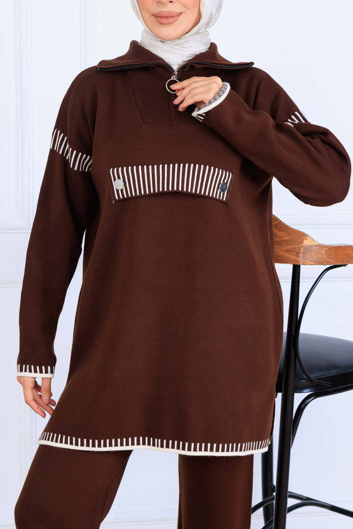 BNG Women Zippered Collar Knitwear Set S1105 Brown - Seraing