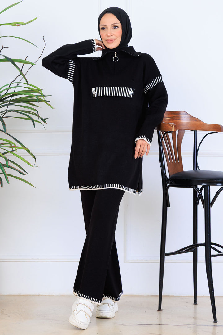 BNG Women Yakası Fermuarlı Triko Takım S1105 Siyah - Baia Mare