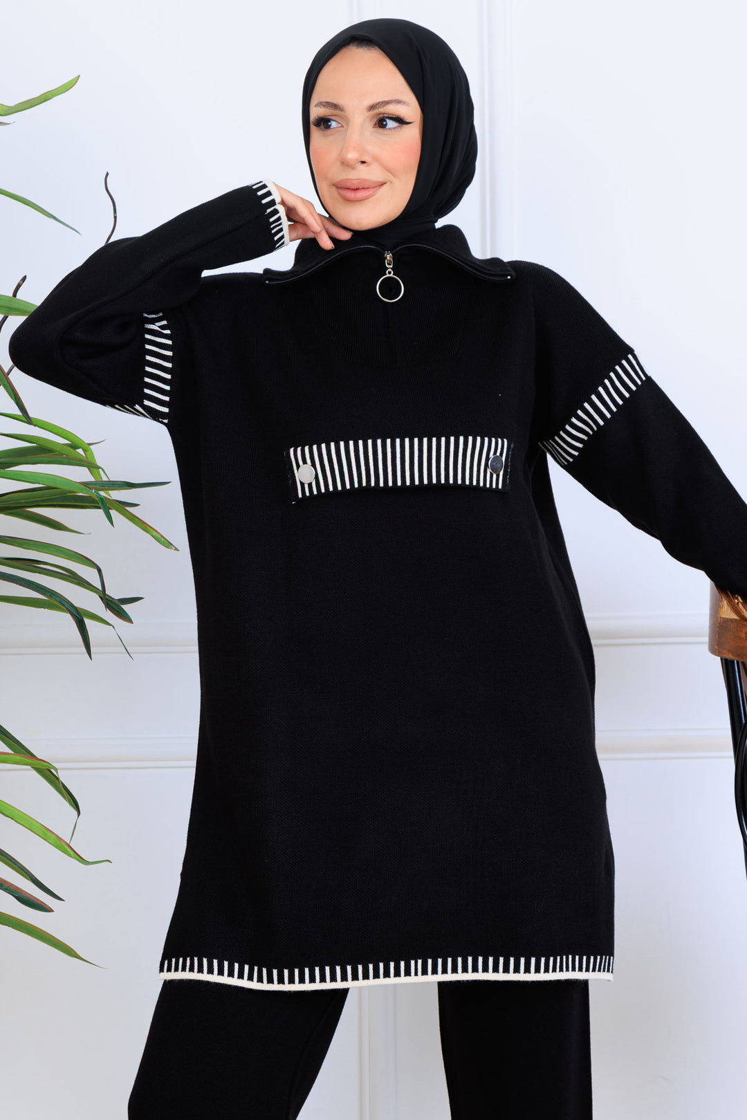 BNG Women Yakası Fermuarlı Triko Takım S1105 Siyah - Baia Mare