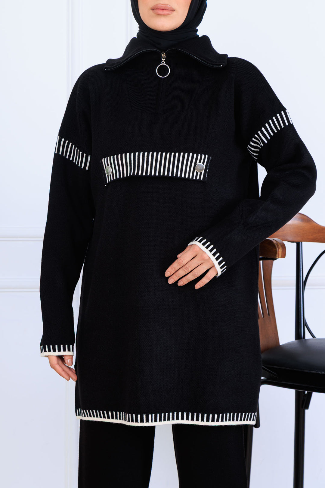 BNG Women Yakası Fermuarlı Triko Takım S1105 Siyah - Baia Mare