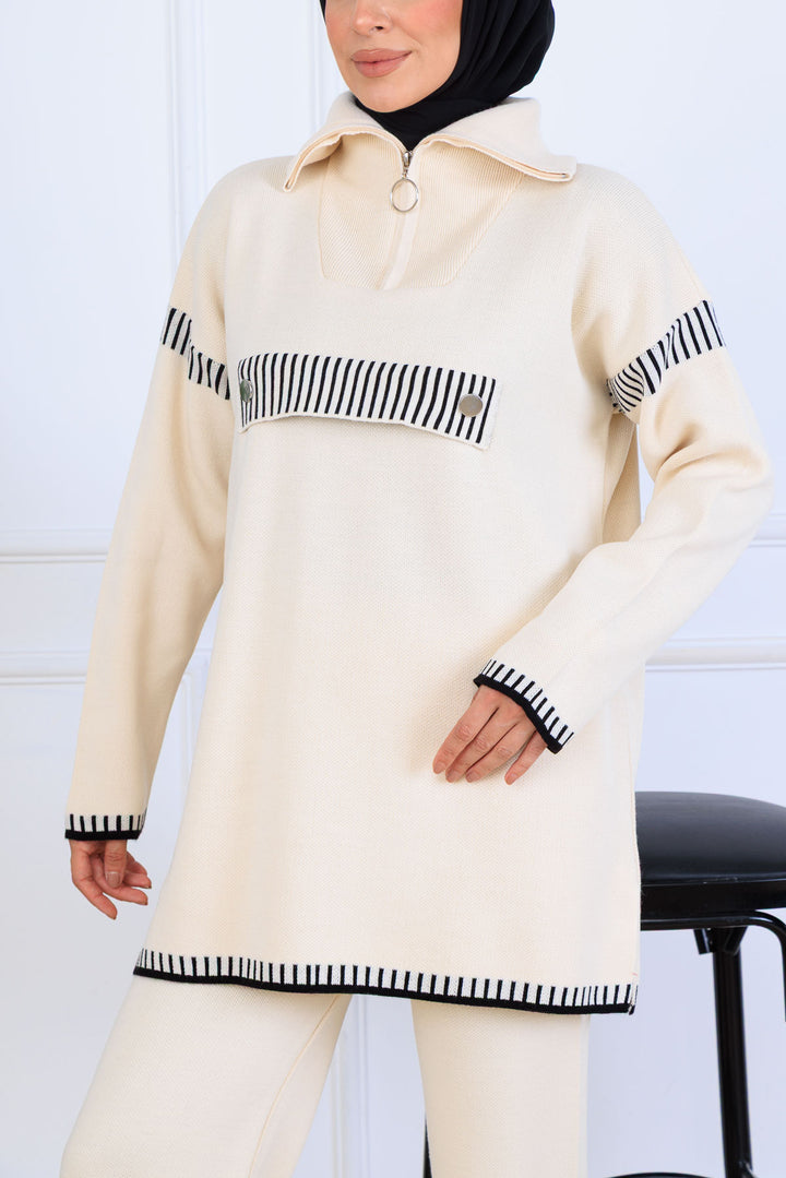 BNG Women Yakası Fermuarlı Triko Takım S1105 Taş Rengi - Coevorden