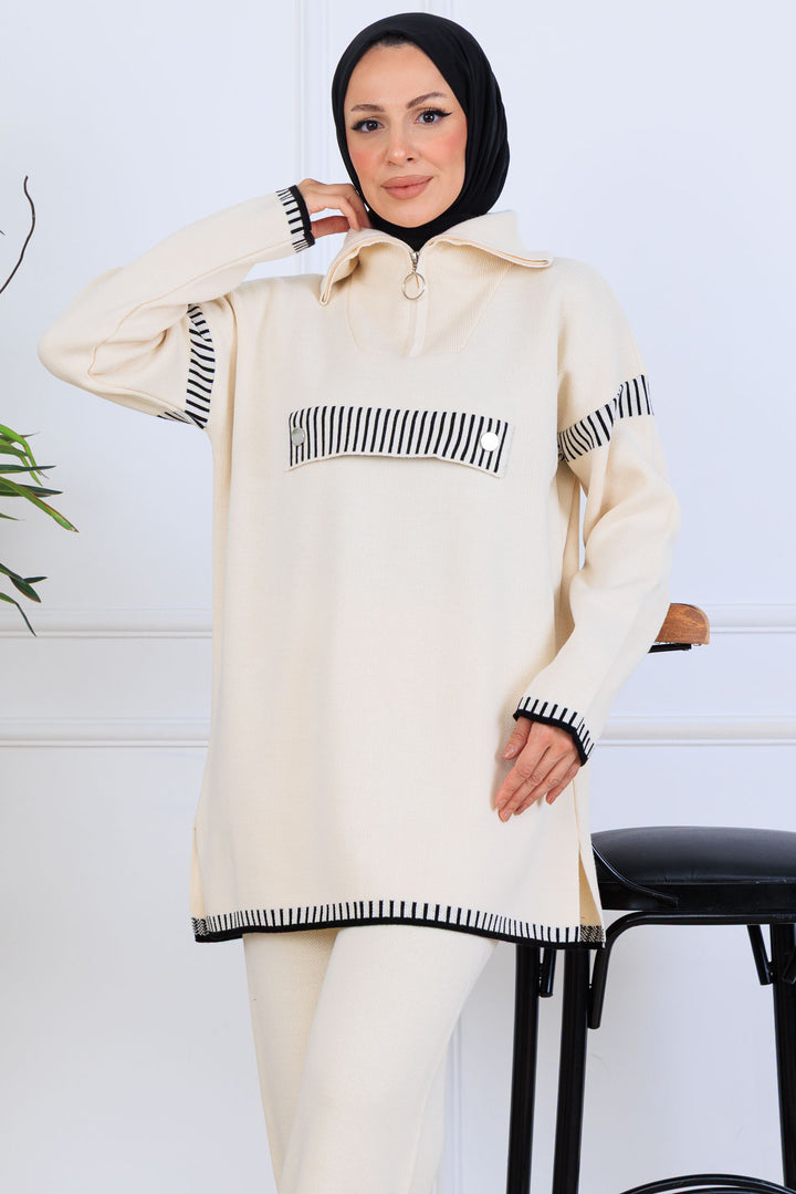 BNG Women Yakası Fermuarlı Triko Takım S1105 Taş Rengi - Coevorden