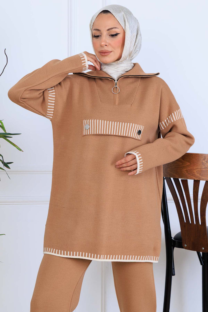 BNG Women Yakası Fermuarlı Triko Takım S1105 Vizon - Estero