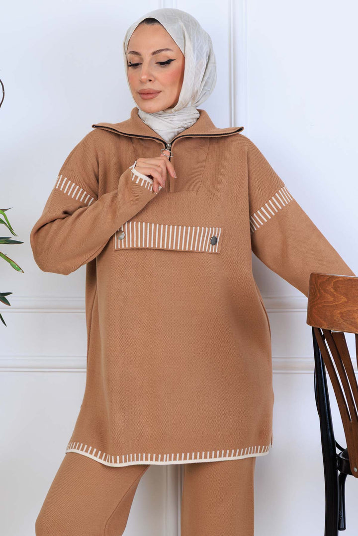 BNG Women Yakası Fermuarlı Triko Takım S1105 Vizon - Estero