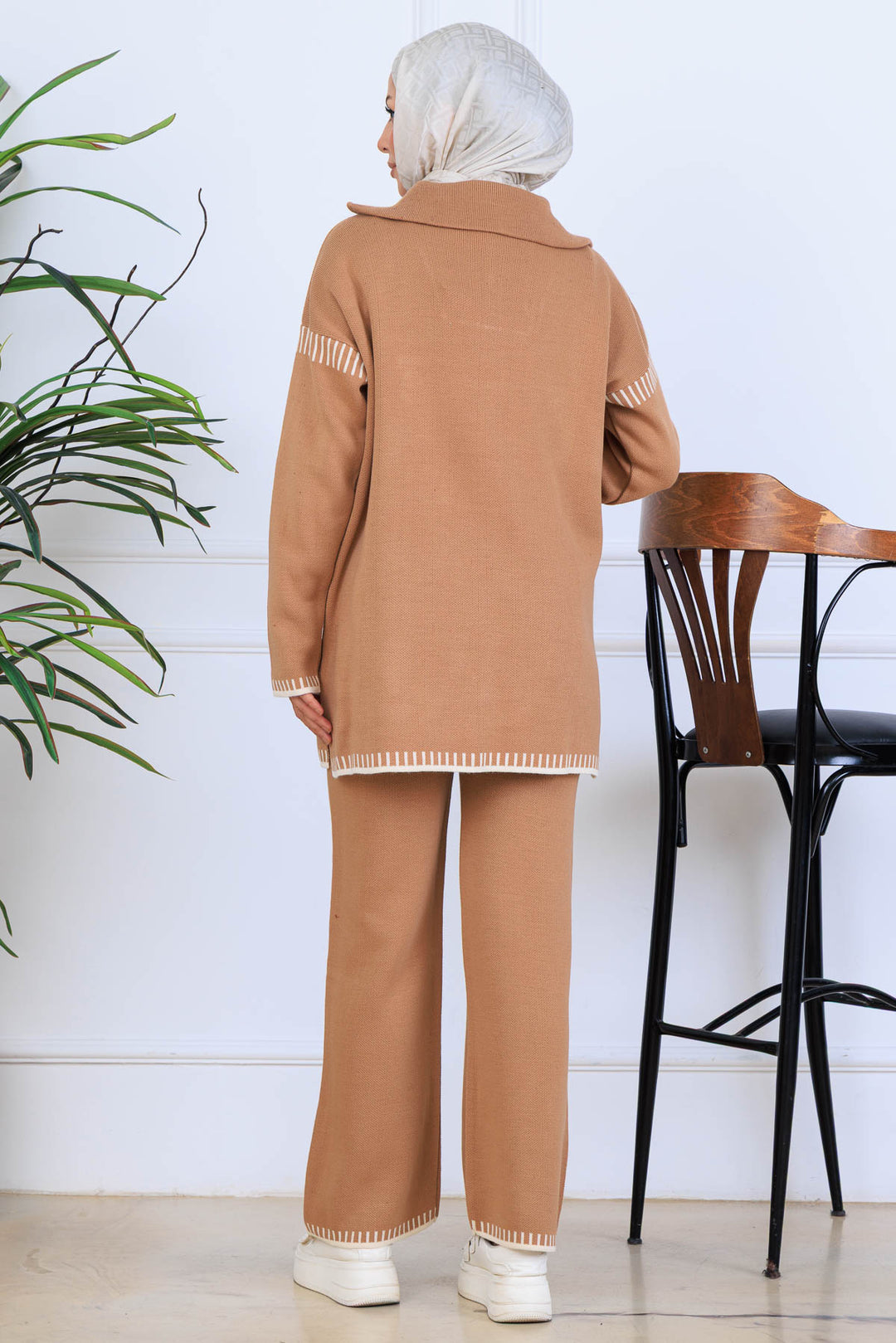 BNG Women Yakası Fermuarlı Triko Takım S1105 Vizon - Estero