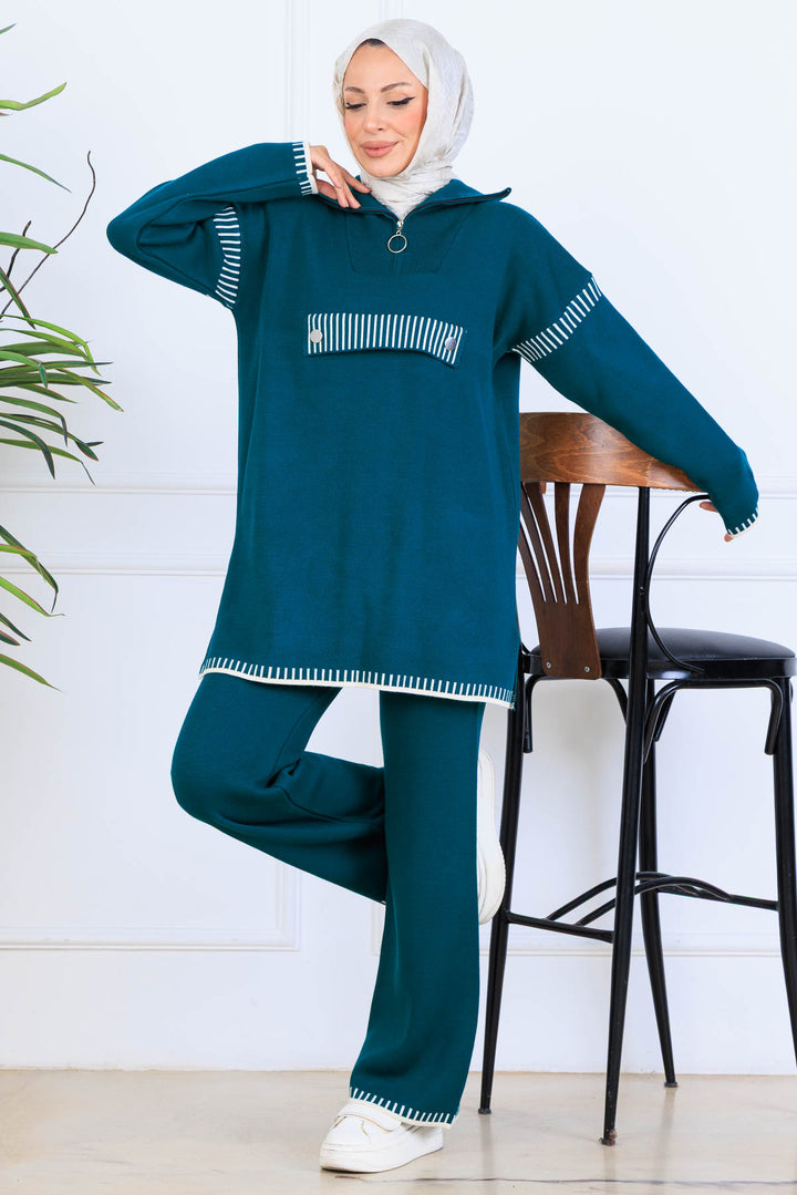 BNG Women Yakası Fermuarlı Triko Takım S1105 Zümrüt Yeşili - Málaga