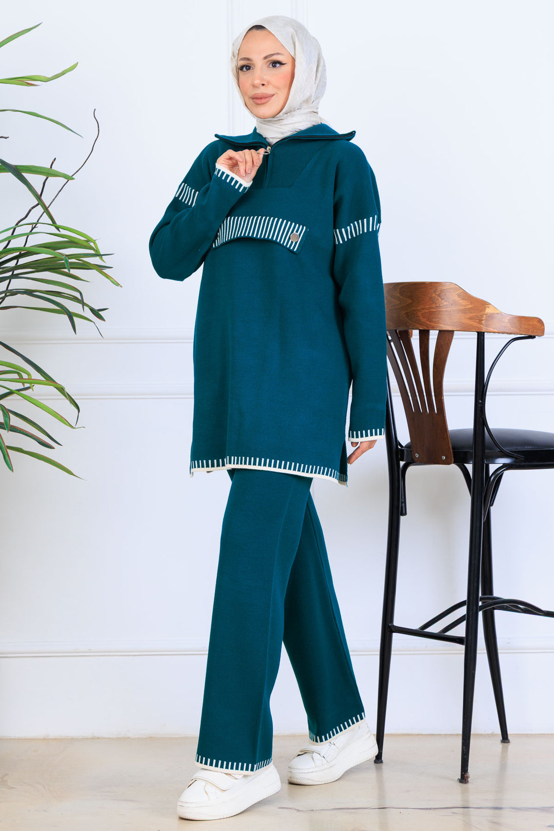 BNG Women Yakası Fermuarlı Triko Takım S1105 Zümrüt Yeşili - Málaga