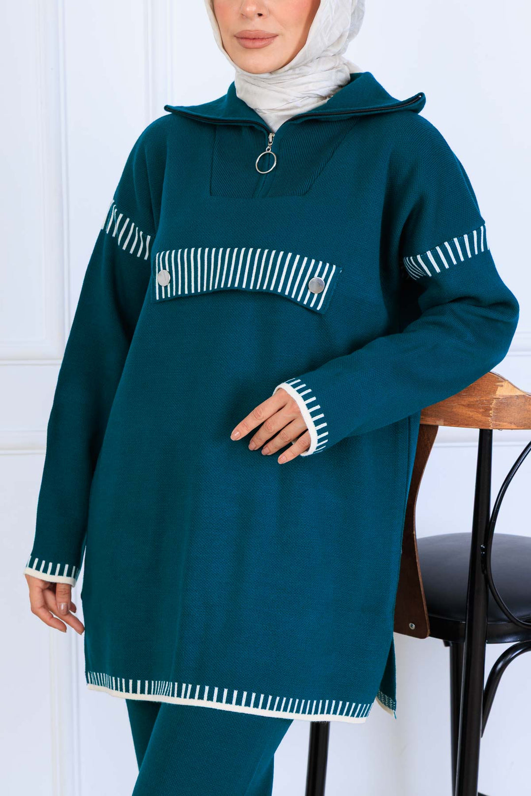 BNG Women Yakası Fermuarlı Triko Takım S1105 Zümrüt Yeşili - Málaga