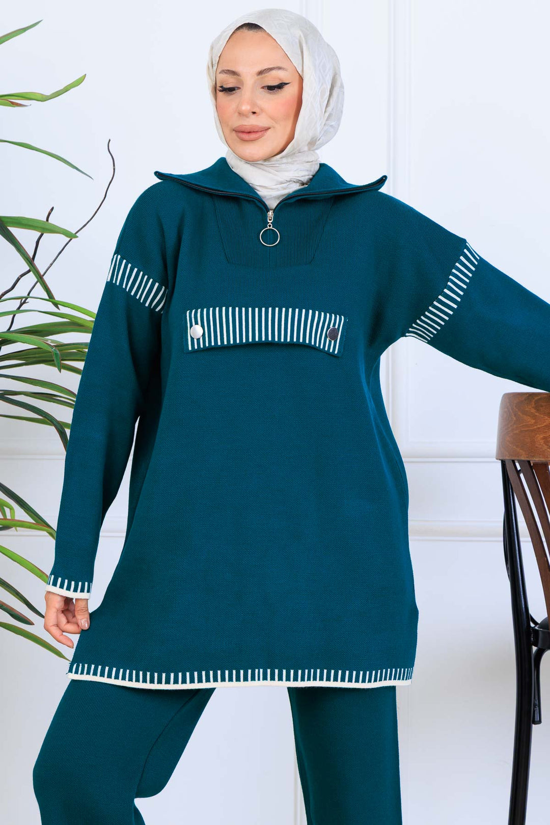 BNG Women Yakası Fermuarlı Triko Takım S1105 Zümrüt Yeşili - Málaga