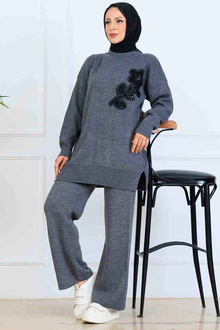 BNG Women İşleme Detay Triko Takım S1067 Antrasit - Andria