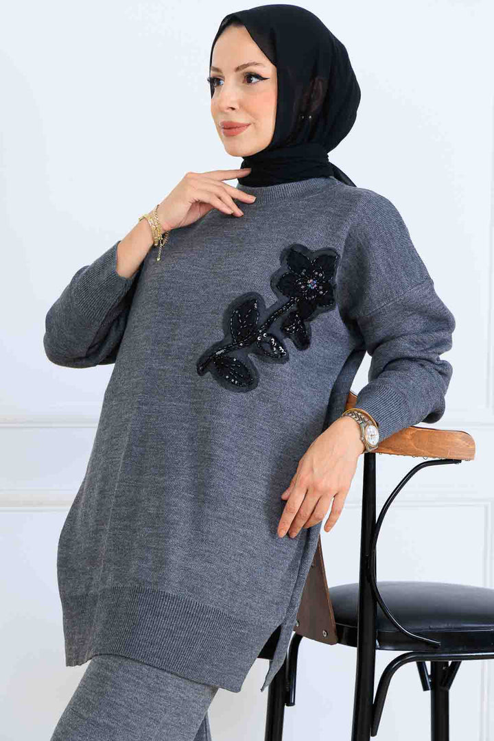 BNG Women İşleme Detay Triko Takım S1067 Antrasit - Andria