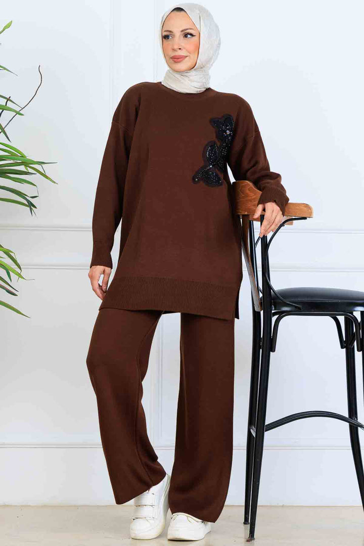 BNG Women İşleme Detay Triko Takım S1067 Kahverengi - Tepeji del Río de Ocampo