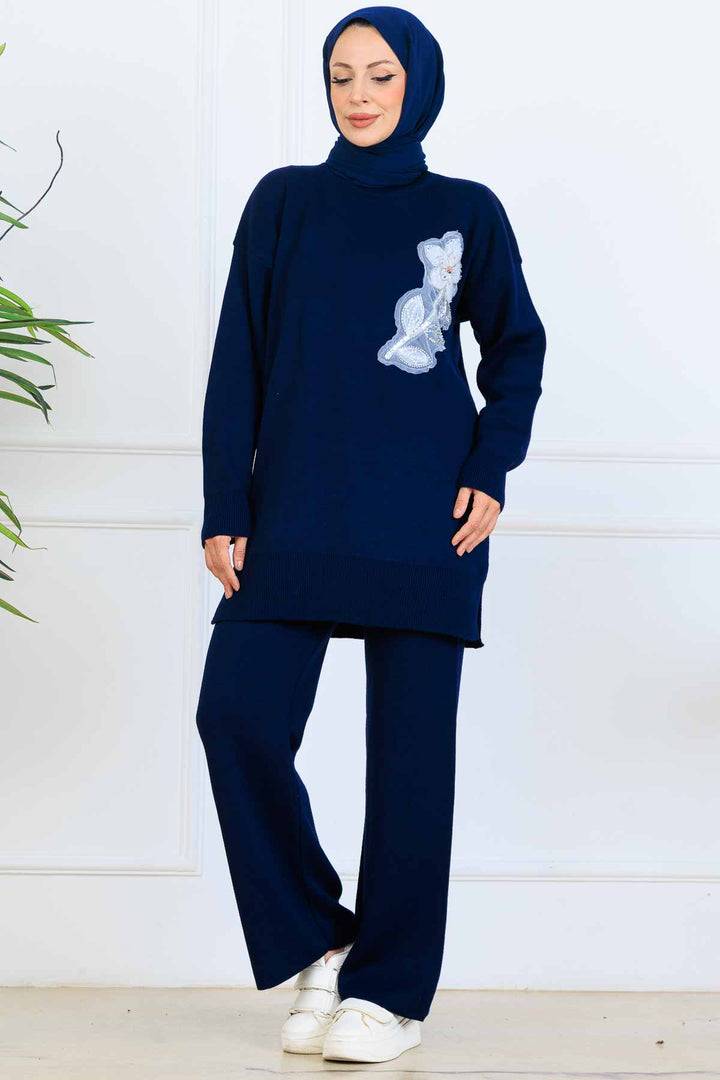 BNG Women İşleme Detay Triko Takım S1067 Lacivert - Simi Valley