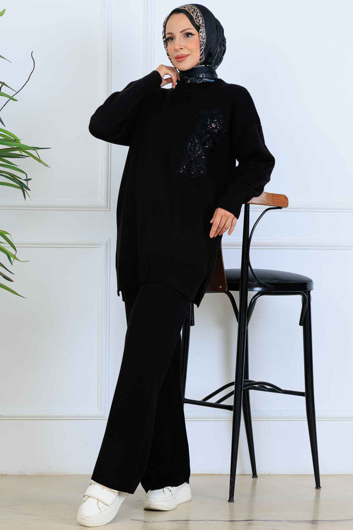 BNG Women İşleme Detay Triko Takım S1067 Siyah - New Albany