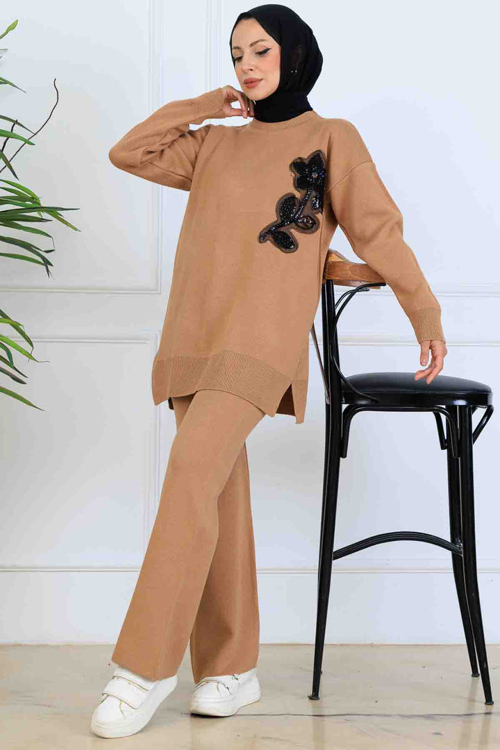 BNG Women İşleme Detay Triko Takım S1067 Vizon - Las Vegas