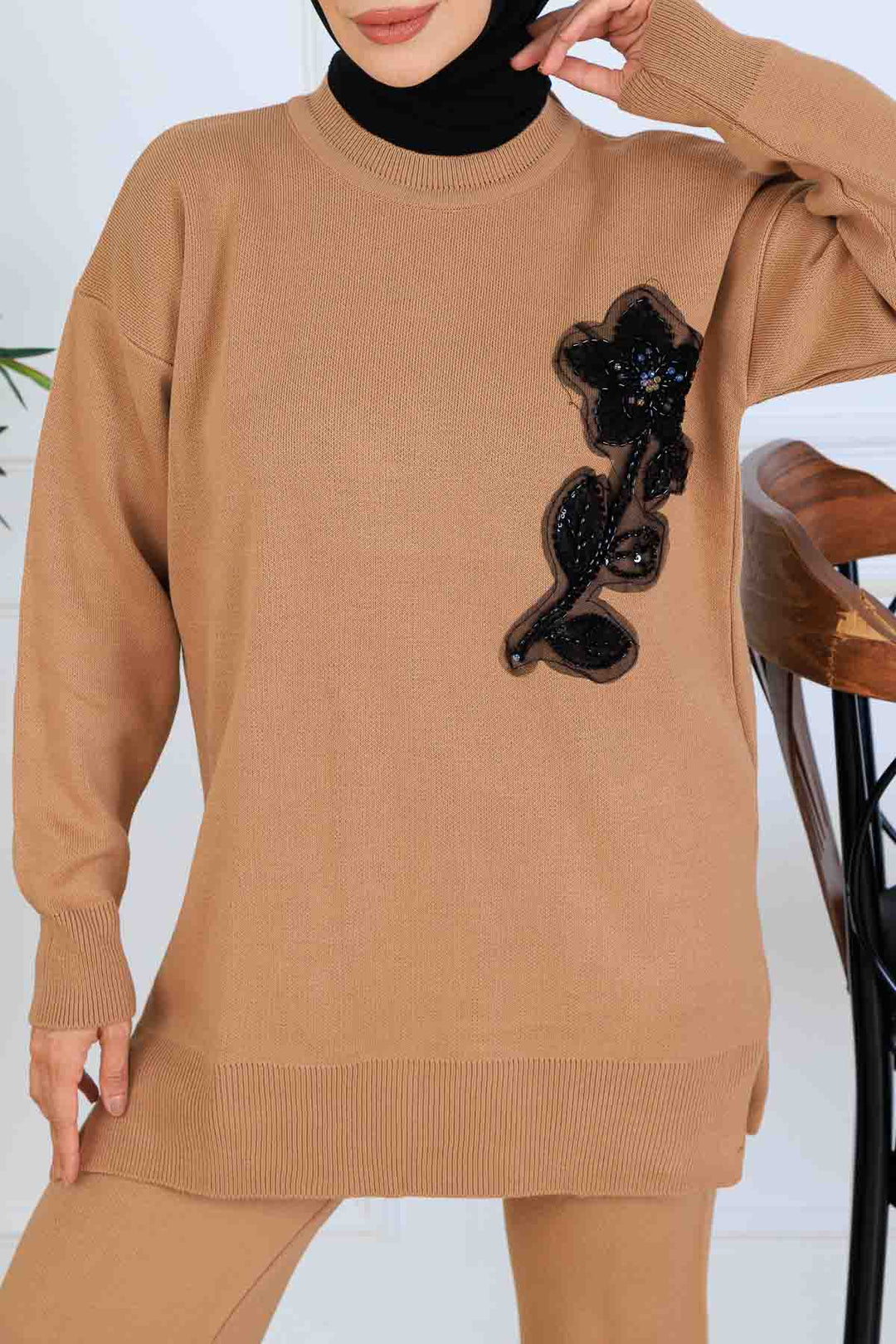 BNG Women İşleme Detay Triko Takım S1067 Vizon - Las Vegas