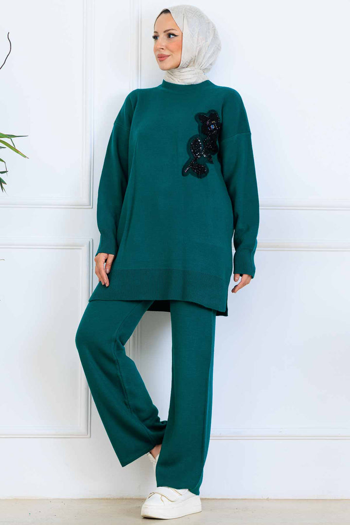 BNG Women İşleme Detay Triko Takım S1067 Zümrüt Yeşili - Calpulalpan