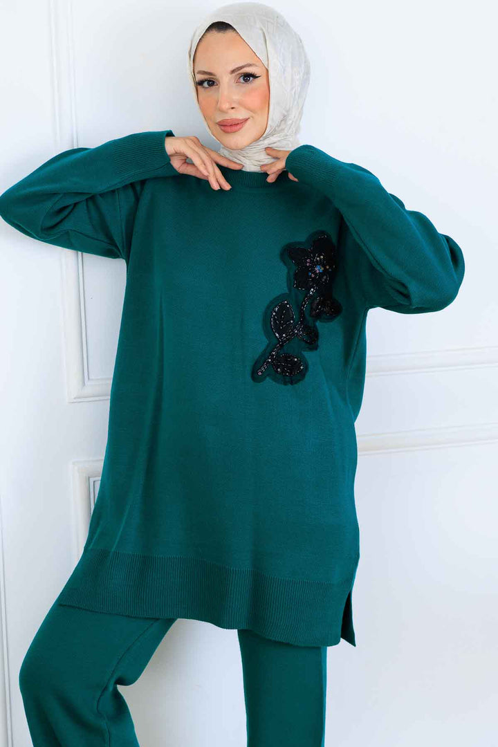 BNG Women İşleme Detay Triko Takım S1067 Zümrüt Yeşili - Calpulalpan