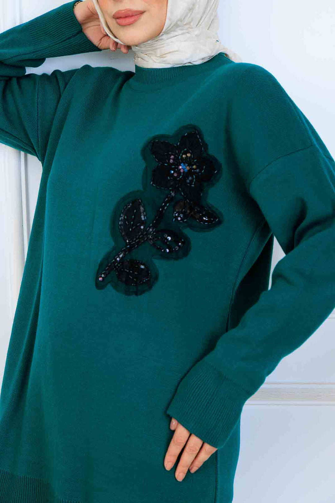 BNG Women İşleme Detay Triko Takım S1067 Zümrüt Yeşili - Calpulalpan