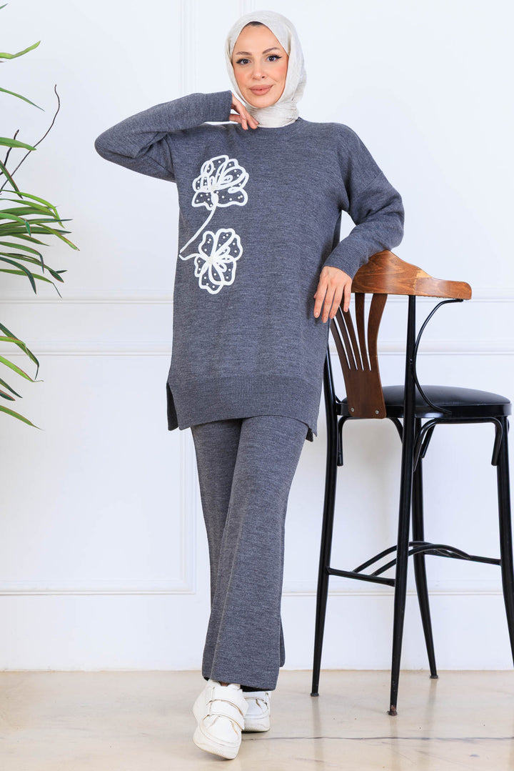 BNG Women Embroidered Detailed Knit Set S1120 Anthracite - Park Ridge