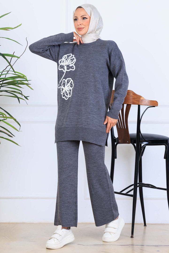BNG Women Embroidered Detailed Knit Set S1120 Anthracite - Park Ridge