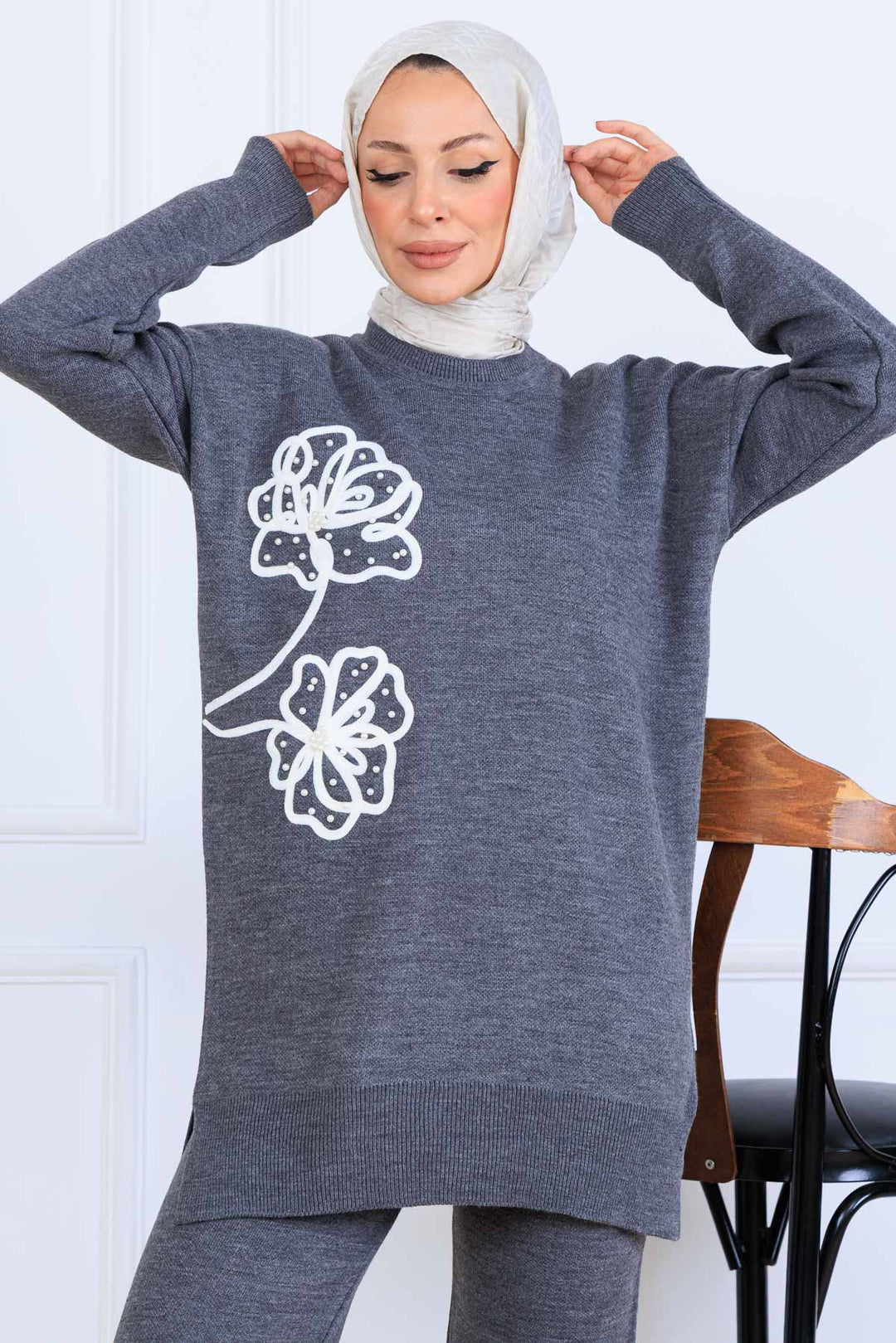 BNG Women Embroidered Detailed Knit Set S1120 Anthracite - Park Ridge