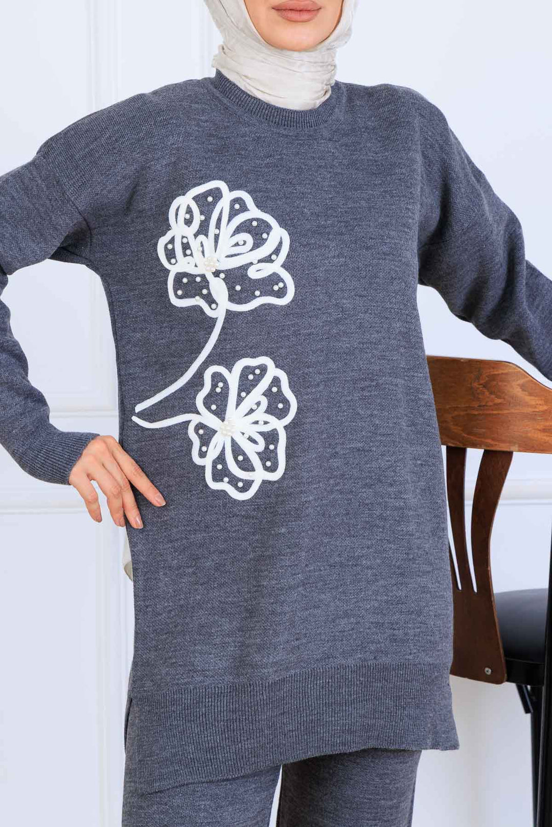 BNG Women Embroidered Detailed Knit Set S1120 Anthracite - Park Ridge