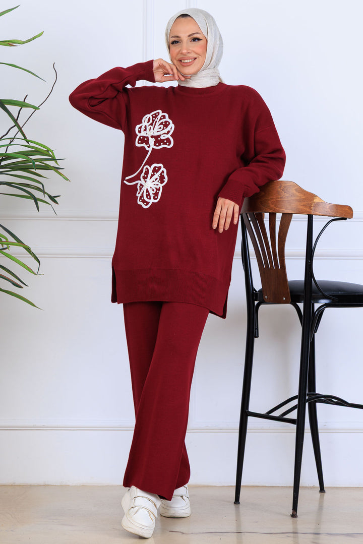 BNG Women Embroidered Detailed Knit Set S1120 Burgundy - Perugia