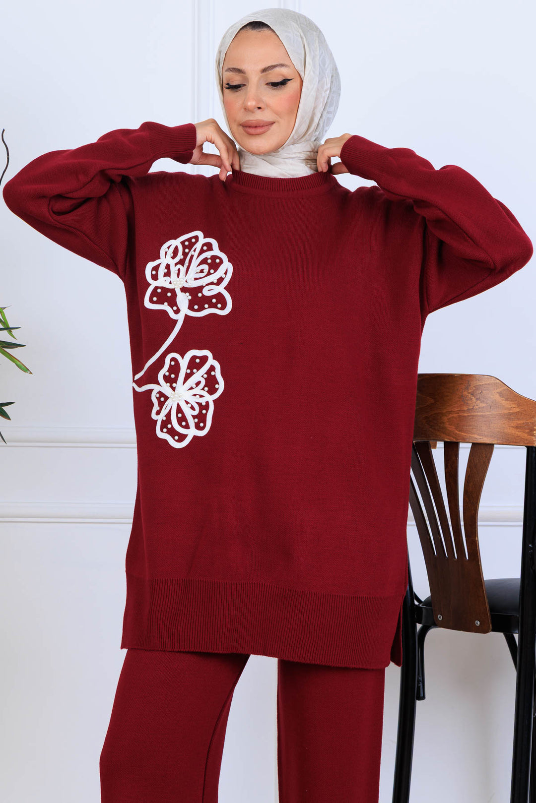 BNG Women Embroidered Detailed Knit Set S1120 Burgundy - Perugia