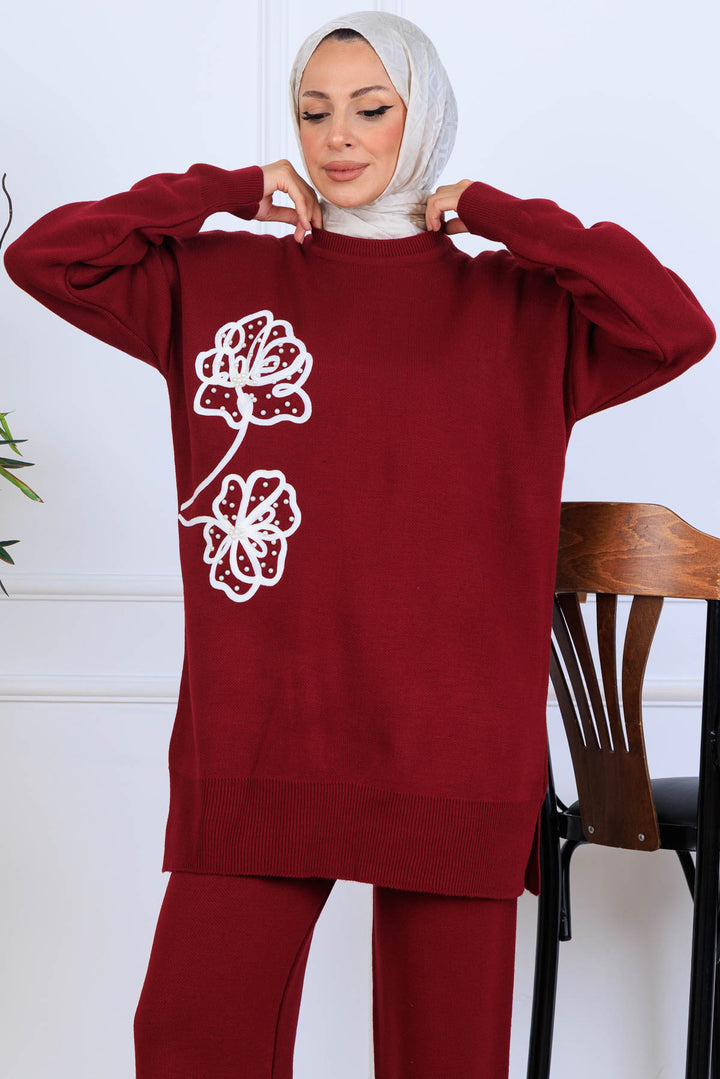 BNG Women Embroidered Detailed Knit Set S1120 Burgundy - Perugia