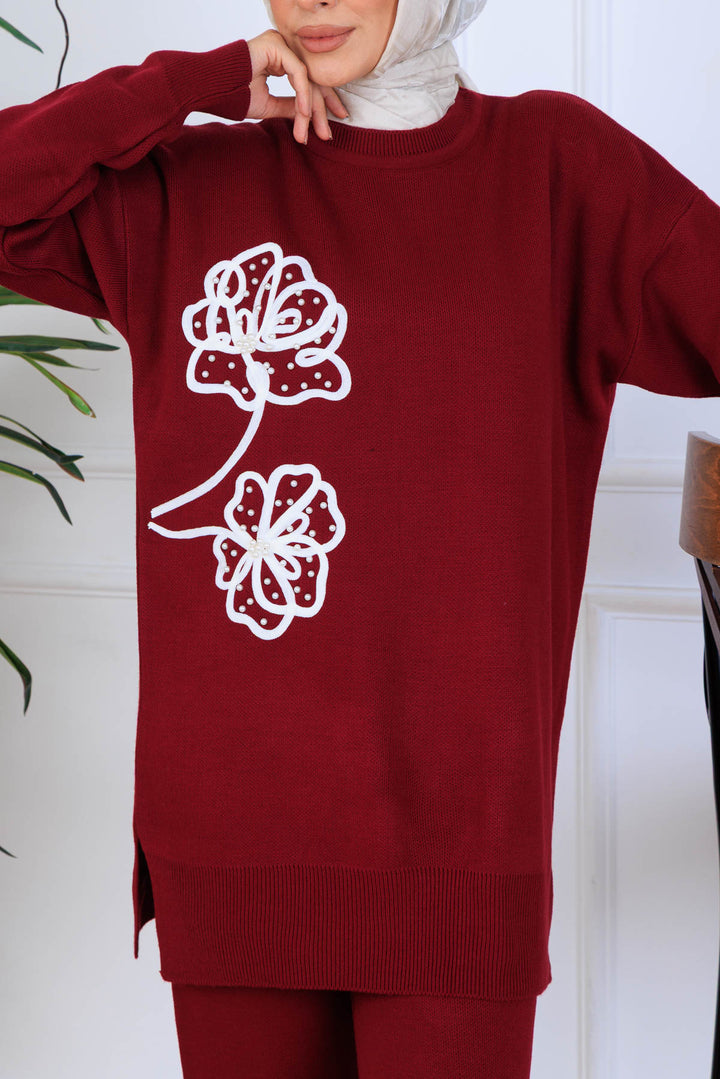 BNG Women Embroidered Detailed Knit Set S1120 Burgundy - Perugia
