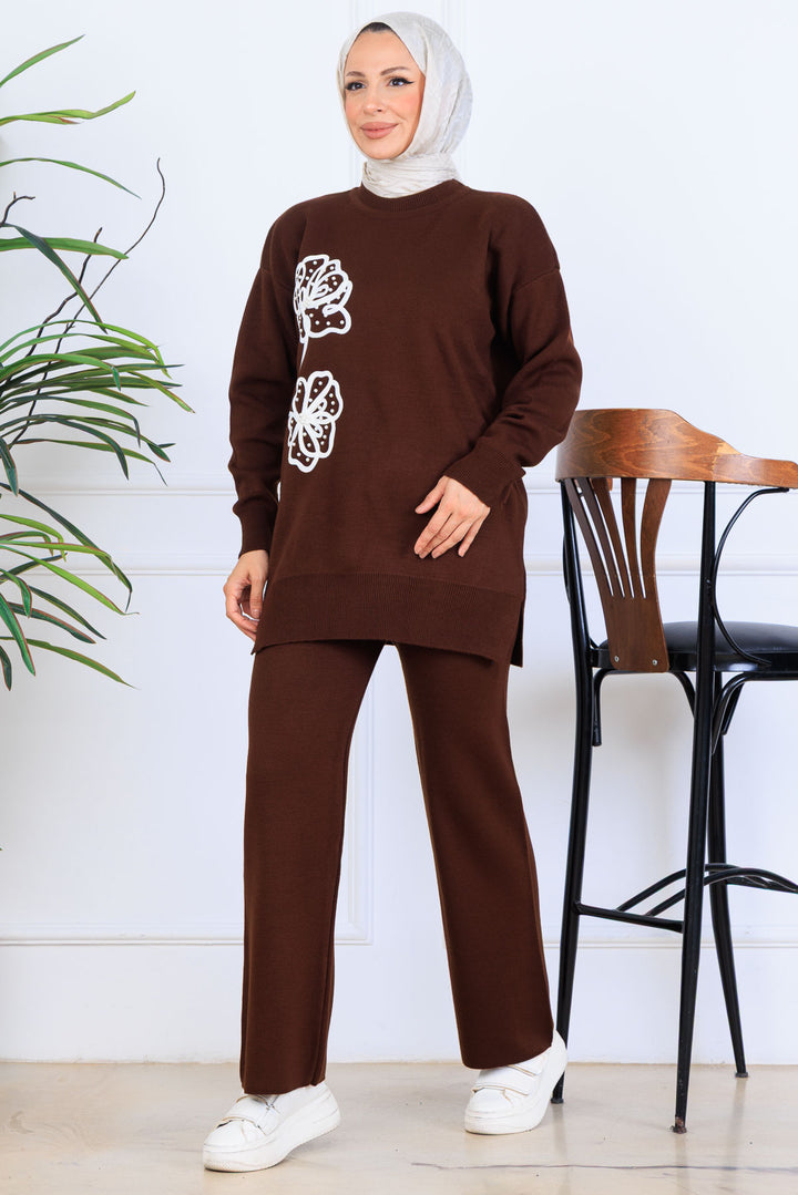BNG Women Embroidered Detailed Knit Set S1120 Brown - Reşiţa