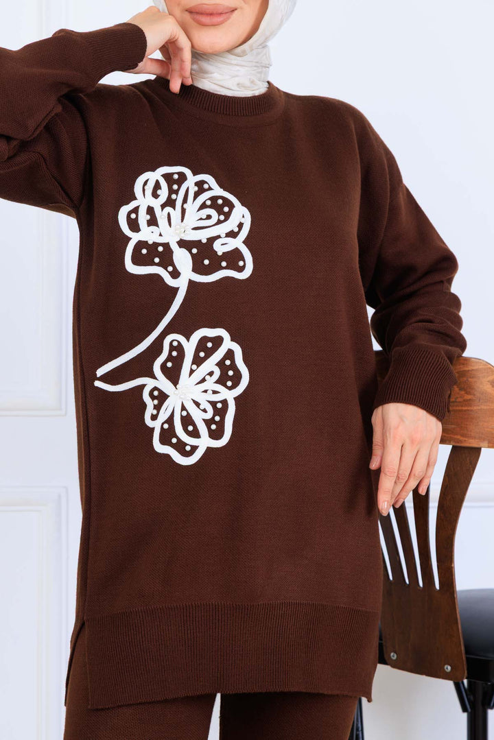 BNG Women Embroidered Detailed Knit Set S1120 Brown - Reşiţa