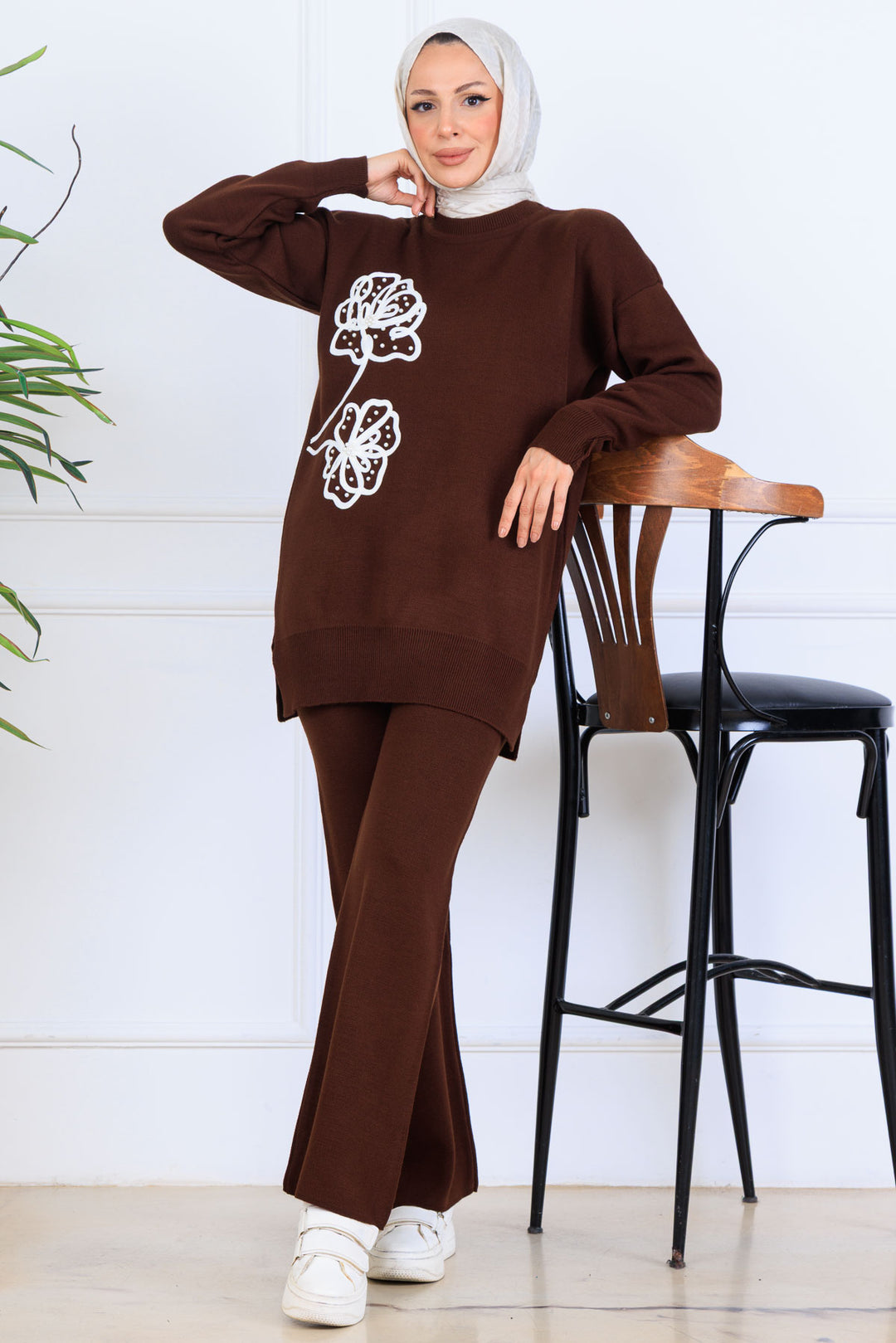 BNG Women Embroidered Detailed Knit Set S1120 Brown - Reşiţa