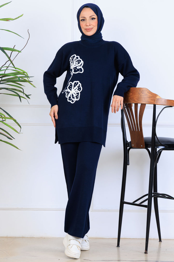 BNG Women Nakış İşleme Detaylı Triko Takım S1120 Lacivert - Jiutepec