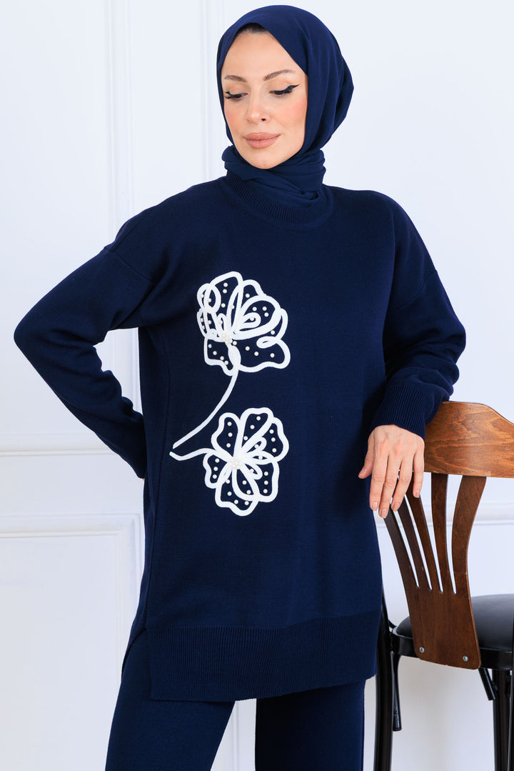 BNG Women Nakış İşleme Detaylı Triko Takım S1120 Lacivert - Jiutepec