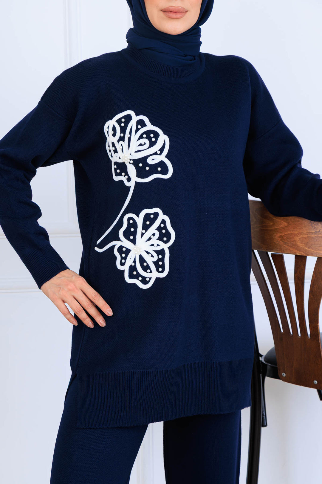 BNG Women Nakış İşleme Detaylı Triko Takım S1120 Lacivert - Jiutepec