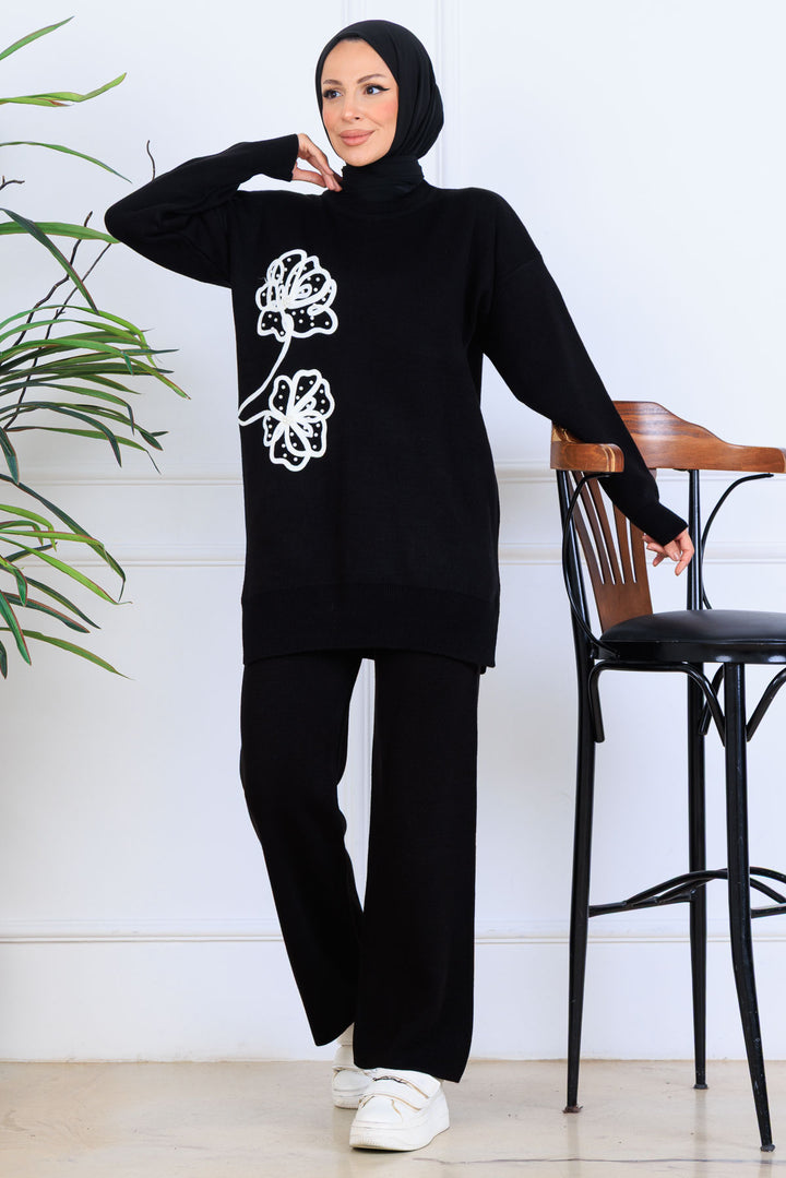 BNG Women Nakış İşleme Detaylı Triko Takım S1120 Siyah - Estepona