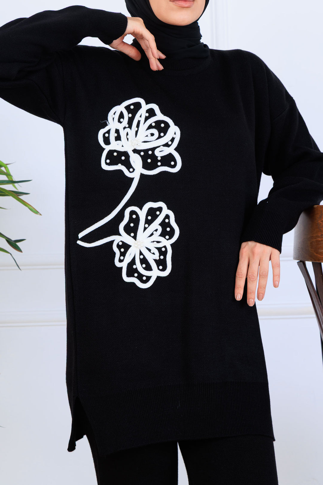 BNG Women Nakış İşleme Detaylı Triko Takım S1120 Siyah - Estepona