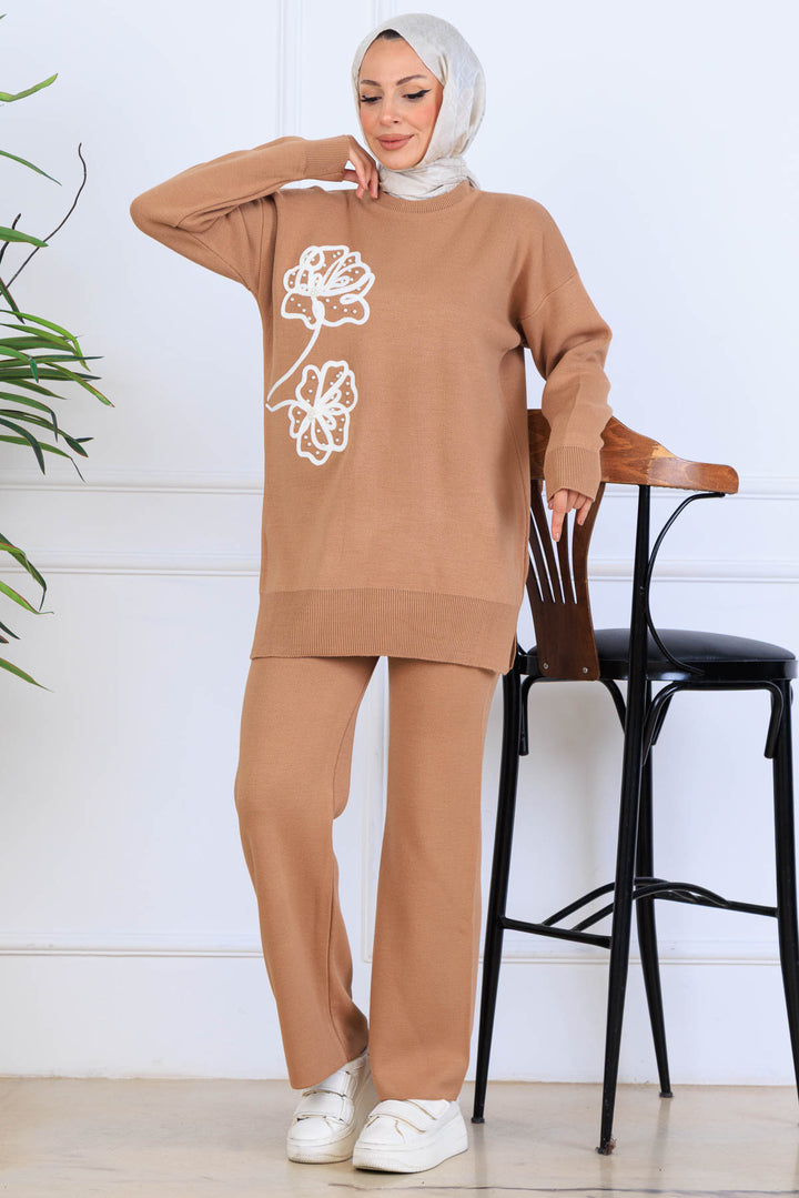 BNG Women Nakış İşleme Detaylı Triko Takım S1120 Vizon - Tyler