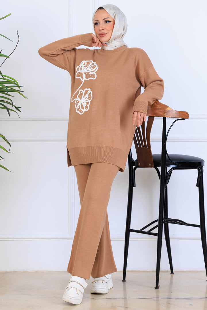 BNG Women Nakış İşleme Detaylı Triko Takım S1120 Vizon - Tyler