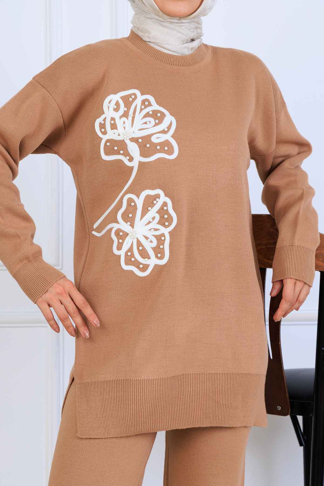 BNG Women Nakış İşleme Detaylı Triko Takım S1120 Vizon - Tyler