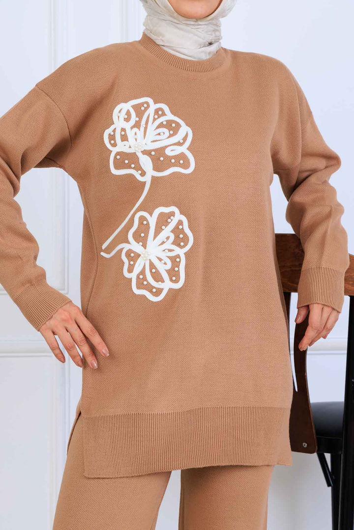 BNG Women Nakış İşleme Detaylı Triko Takım S1120 Vizon - Tyler