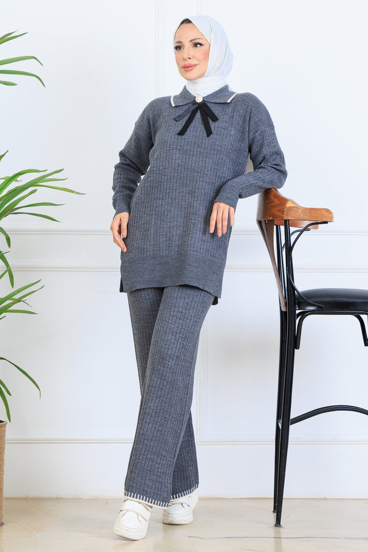 BNG Women Yakası Kurdele Detay Triko Takım S1064 Antrasit - Hickory