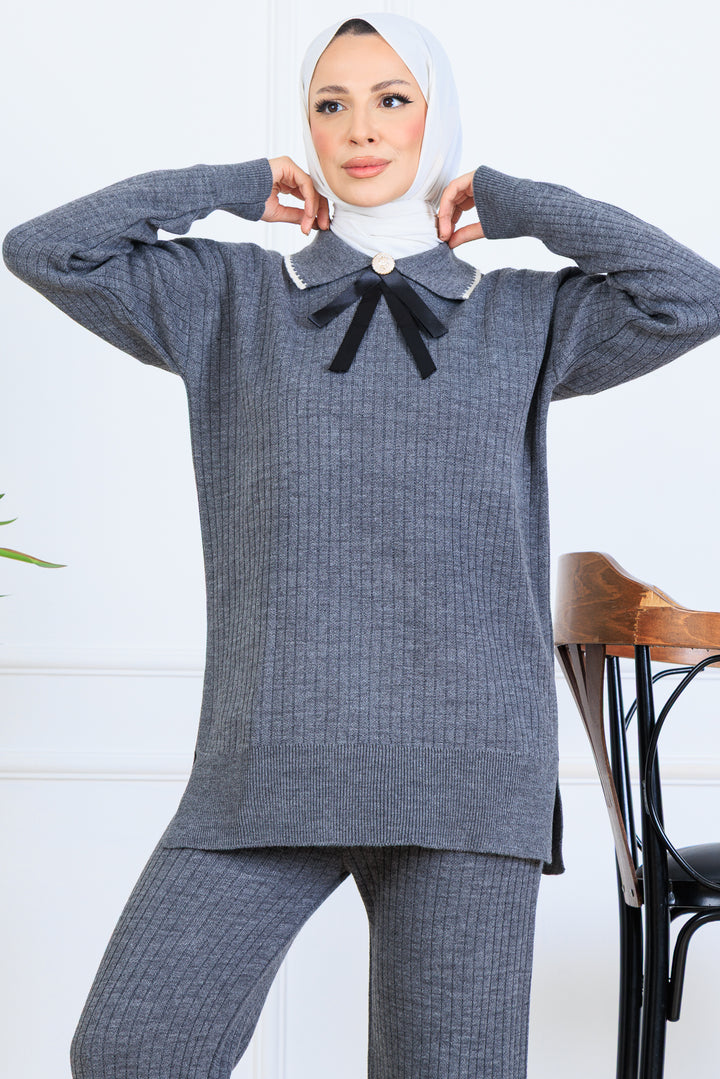 BNG Women Yakası Kurdele Detay Triko Takım S1064 Antrasit - Hickory