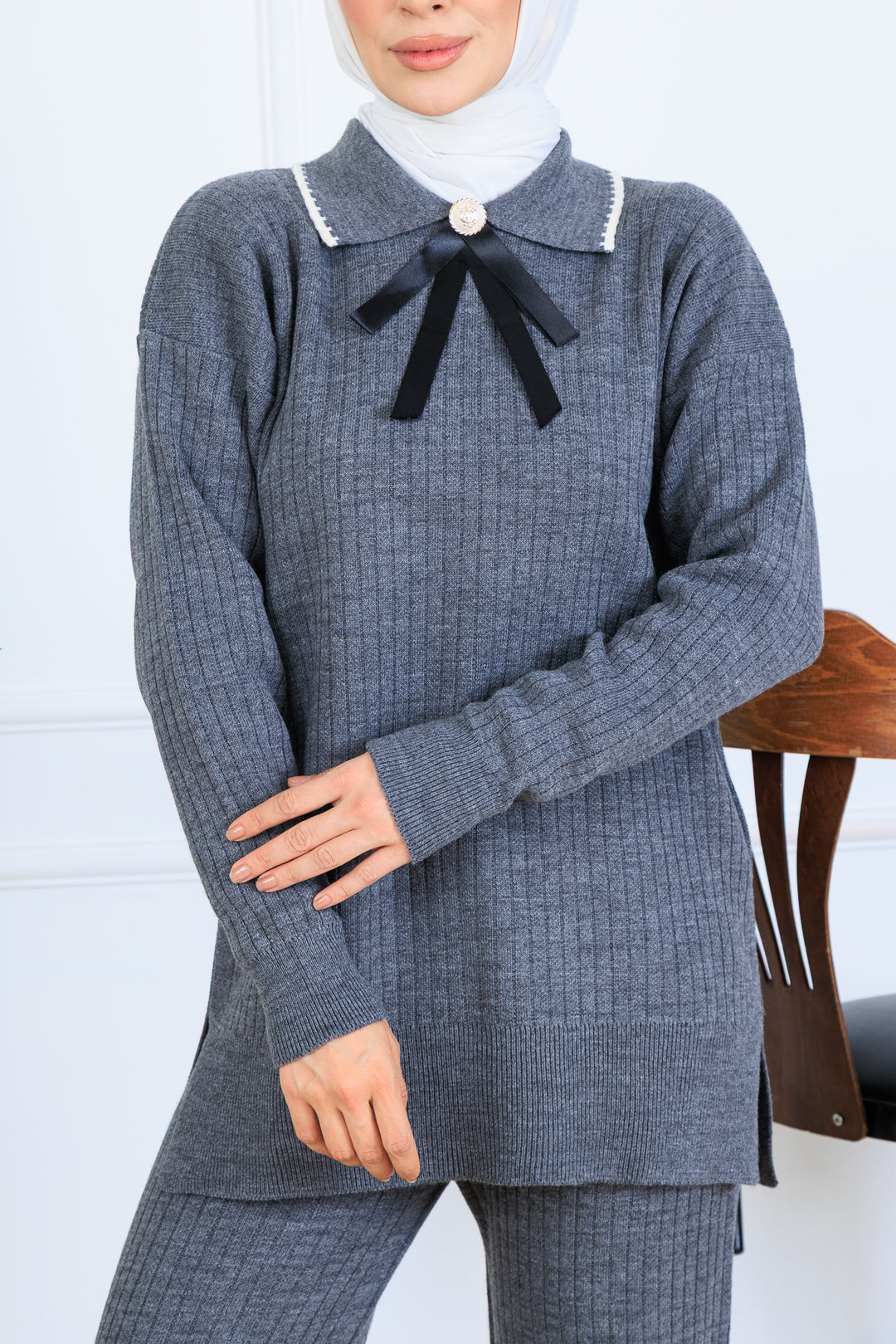 BNG Women Yakası Kurdele Detay Triko Takım S1064 Antrasit - Hickory