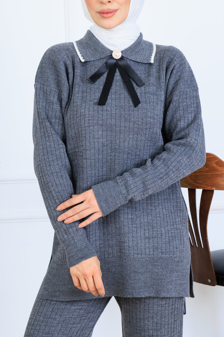 BNG Women Yakası Kurdele Detay Triko Takım S1064 Antrasit - Hickory