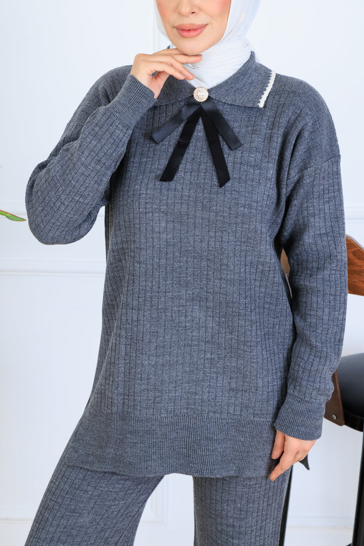 BNG Women Yakası Kurdele Detay Triko Takım S1064 Antrasit - Hickory