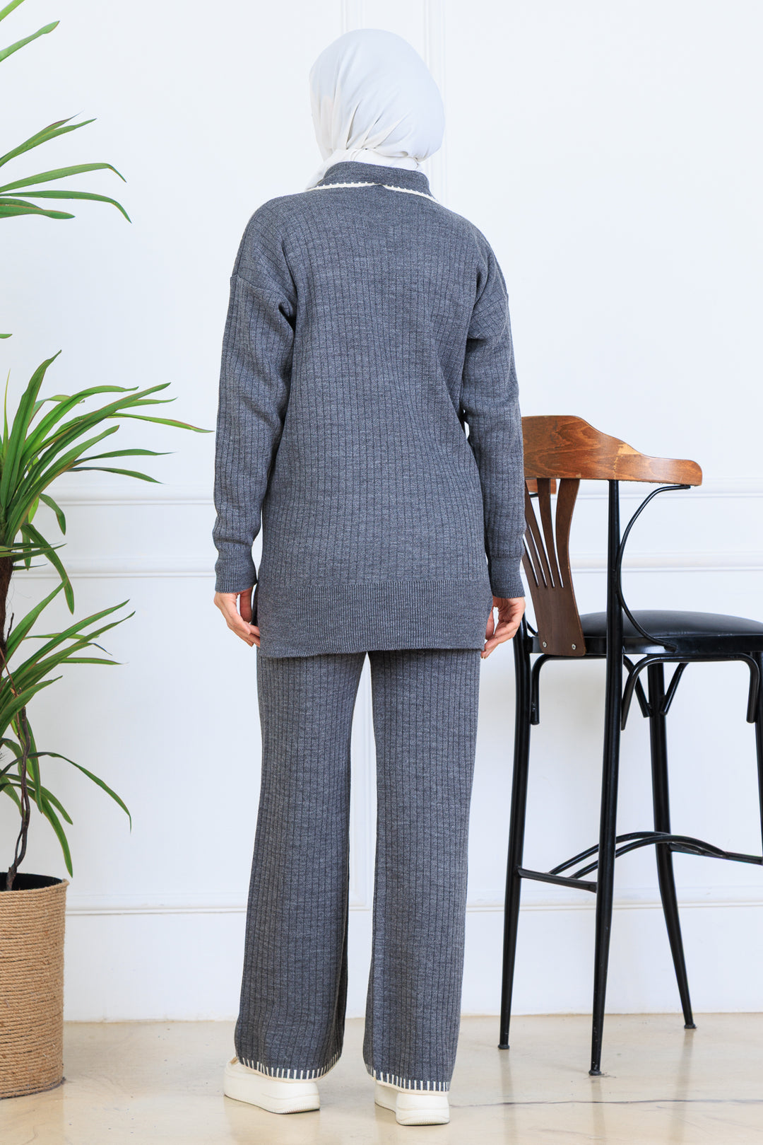 BNG Women Yakası Kurdele Detay Triko Takım S1064 Antrasit - Hickory