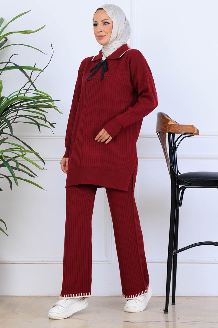 BNG Women Yakası Kurdele Detay Triko Takım S1064 Bordo - North Brunswick